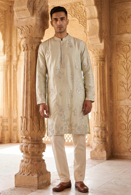 Ivory men's kurta with silver floral motifs and straight-cut trousers