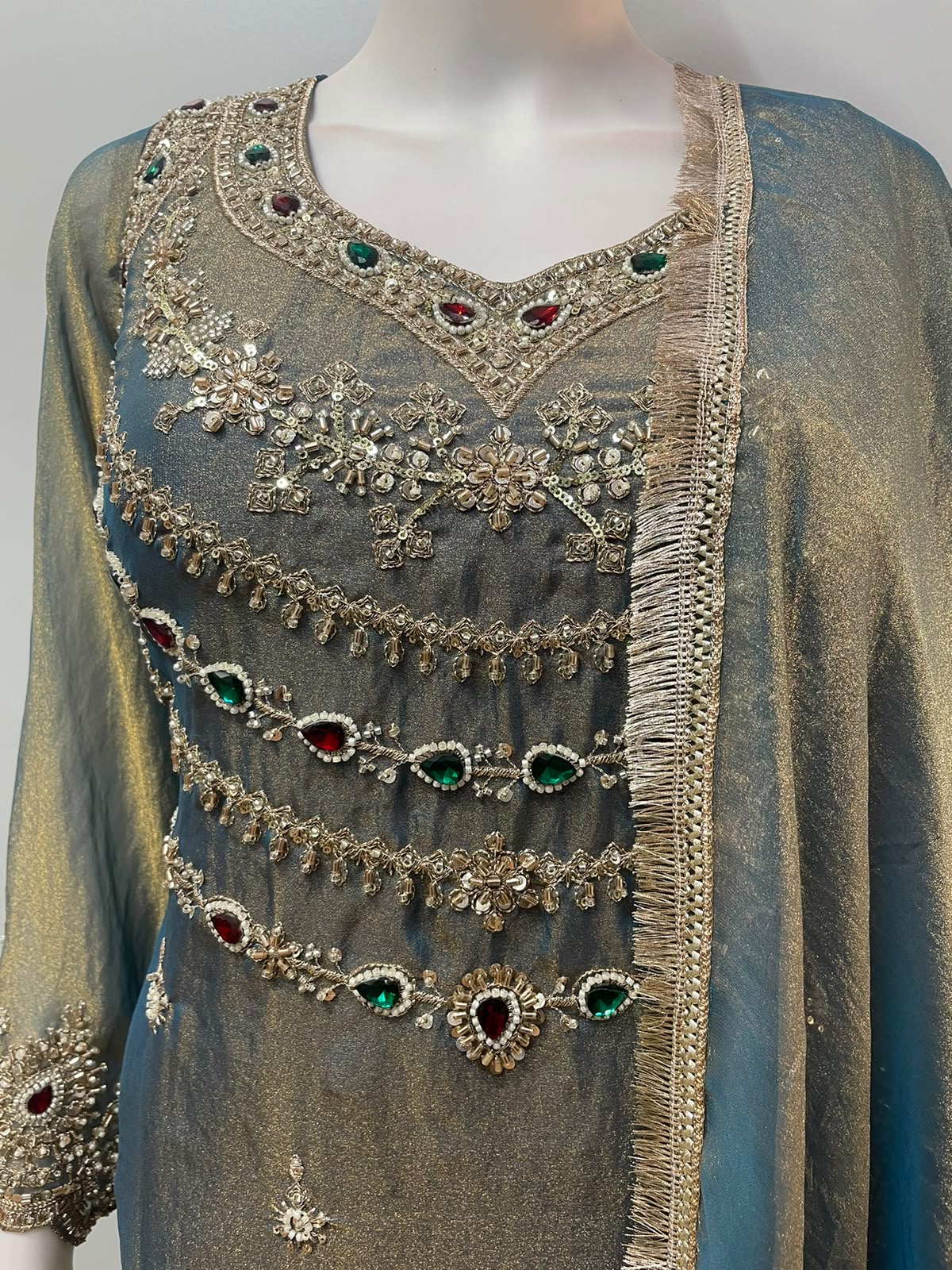 Smoky Teal Gold Jewel Palazzo Set