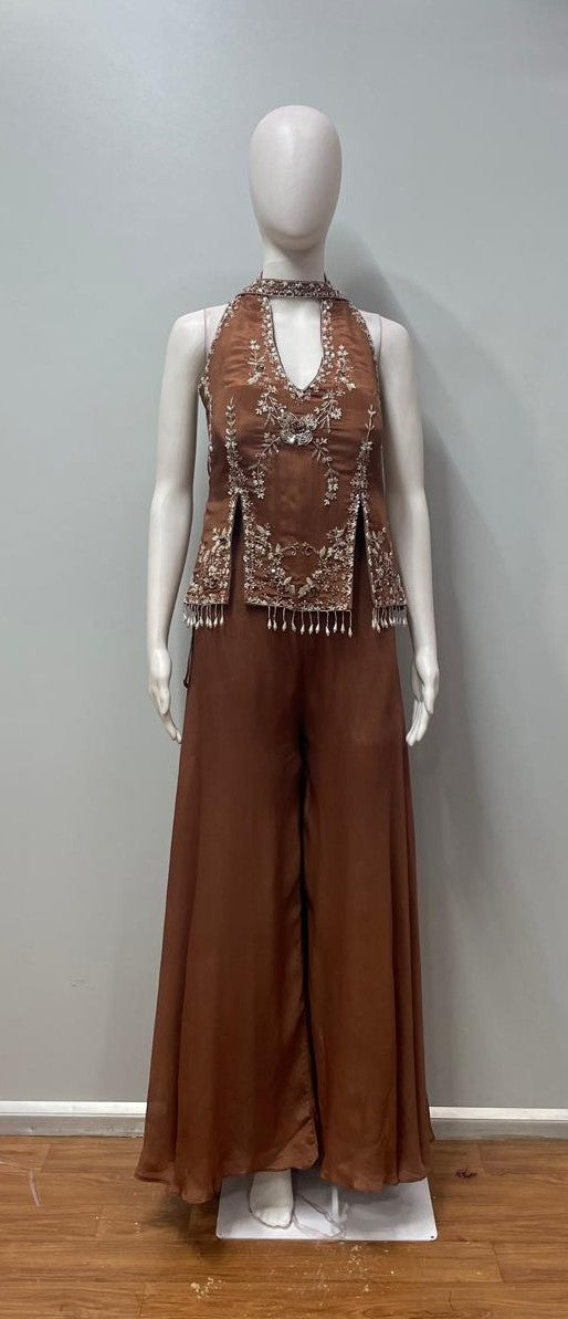 Cocoa Bronze Embroidered Kurta Palazzo Set