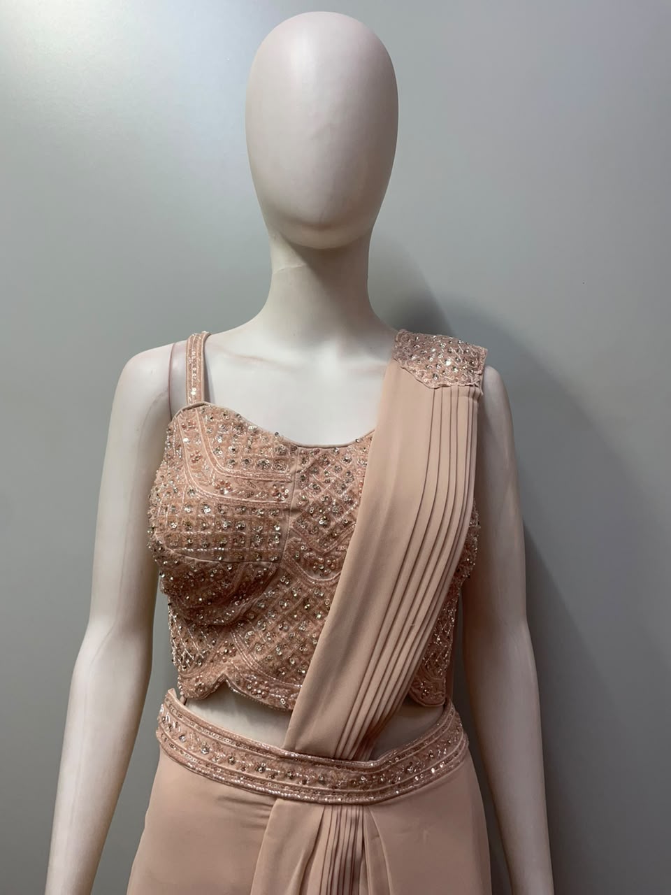 Champagne Blush Silver Crystal Embroidered Draped Saree Set
