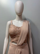 Champagne Blush Silver Crystal Embroidered Draped Saree Set