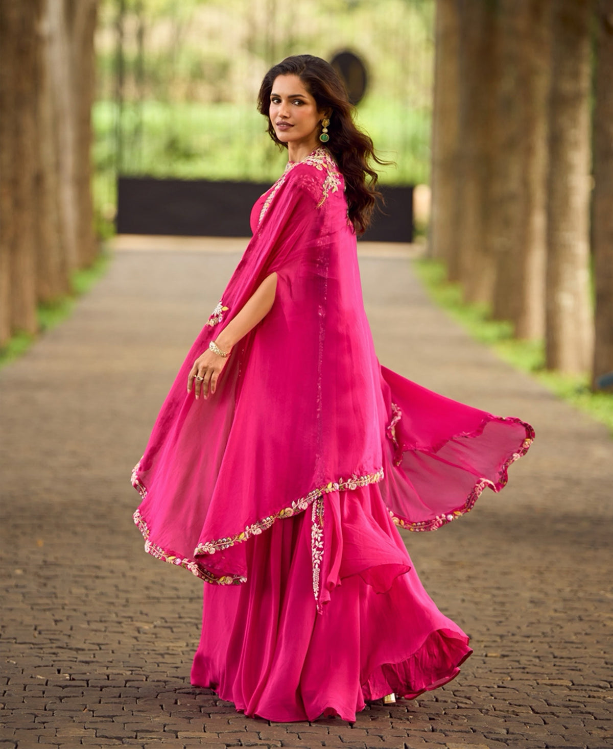 Fuchsia Gold Floral Cape Draped Skirt Set