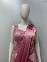 Dusty Rose Crystal Draped Saree Couture Set
