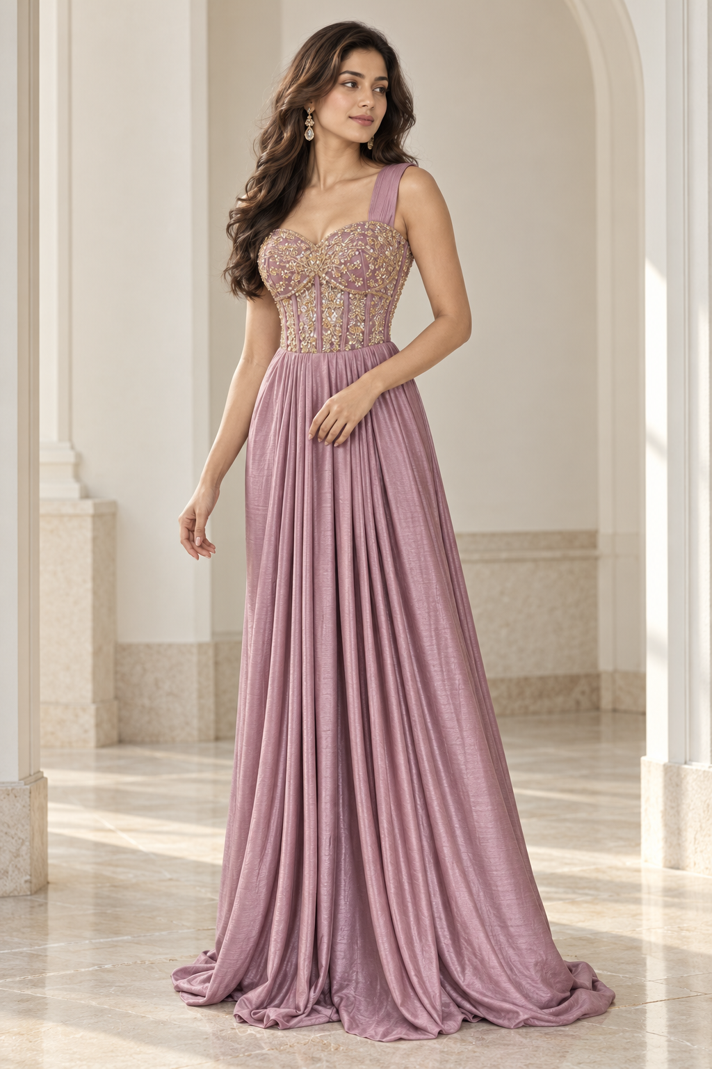 Dusty Rose Mauve Antique Gold Corset Gown