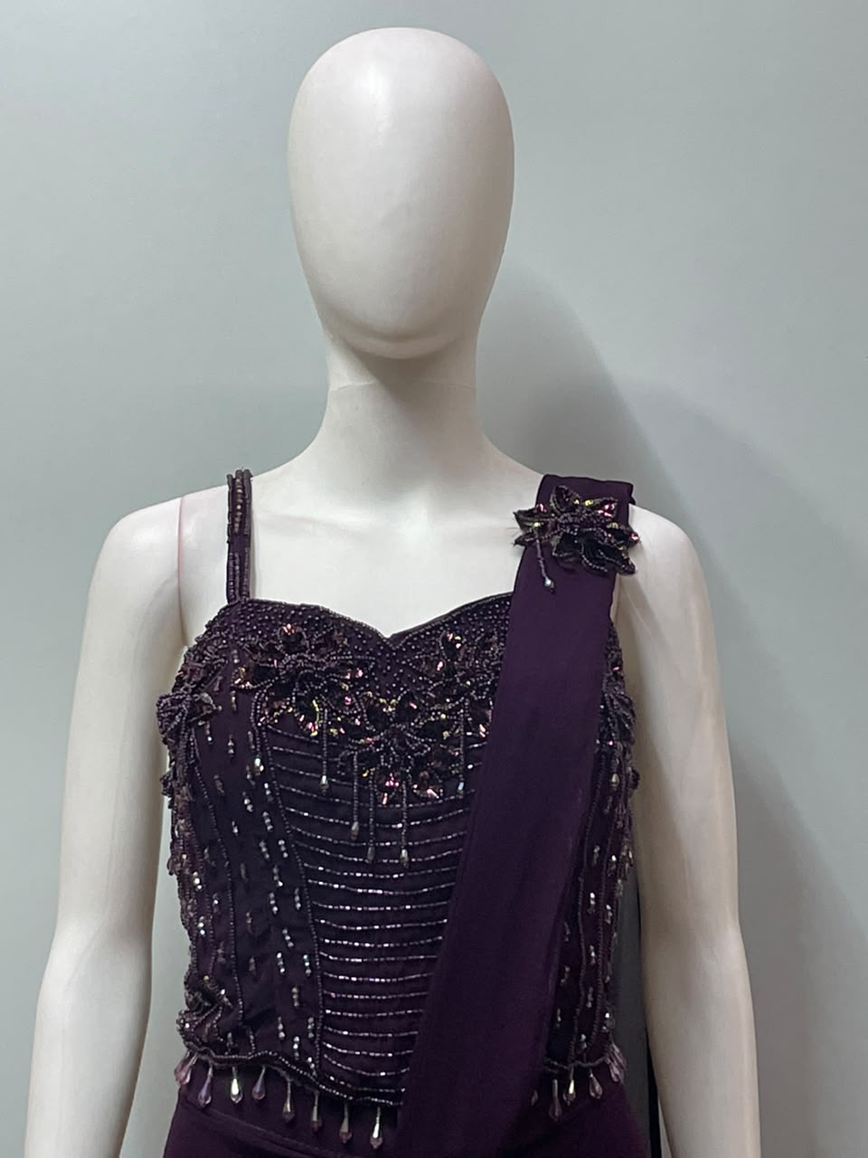 Deep Plum Embellished Corset Draped Saree Set
