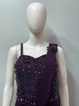 Deep Plum Embellished Corset Draped Saree Set
