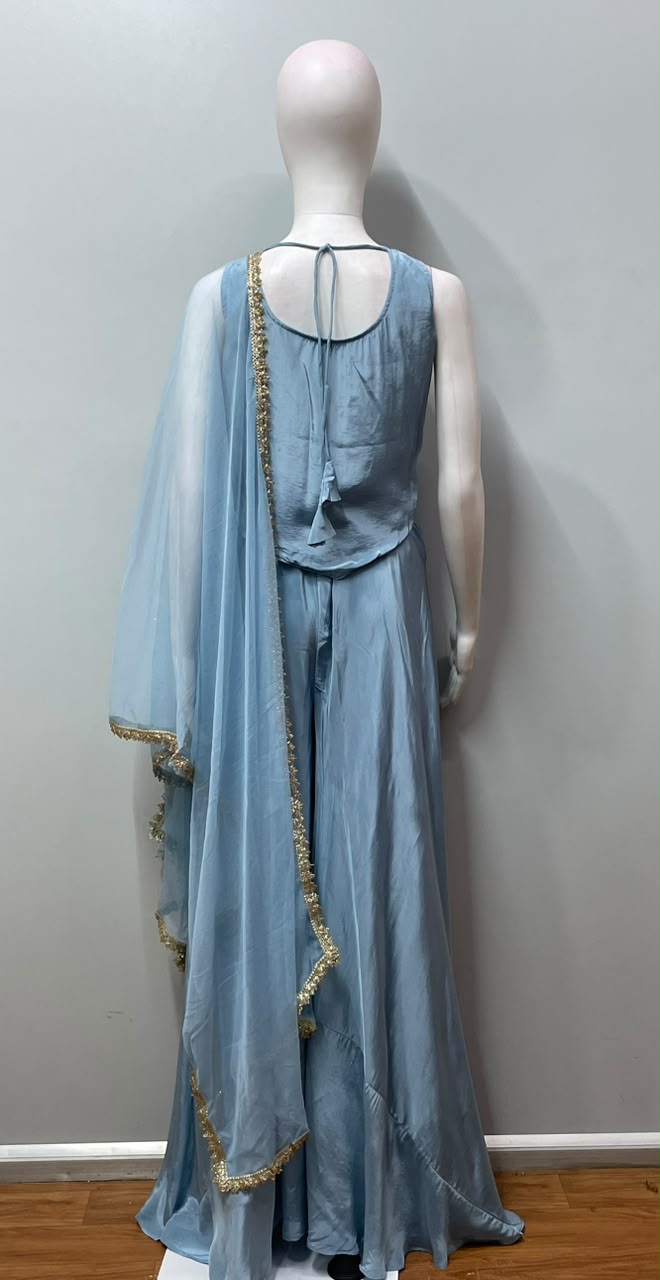 Powder Blue Gold Floral Embroidered Palazzo Ensemble