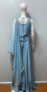 Powder Blue Gold Floral Embroidered Palazzo Ensemble