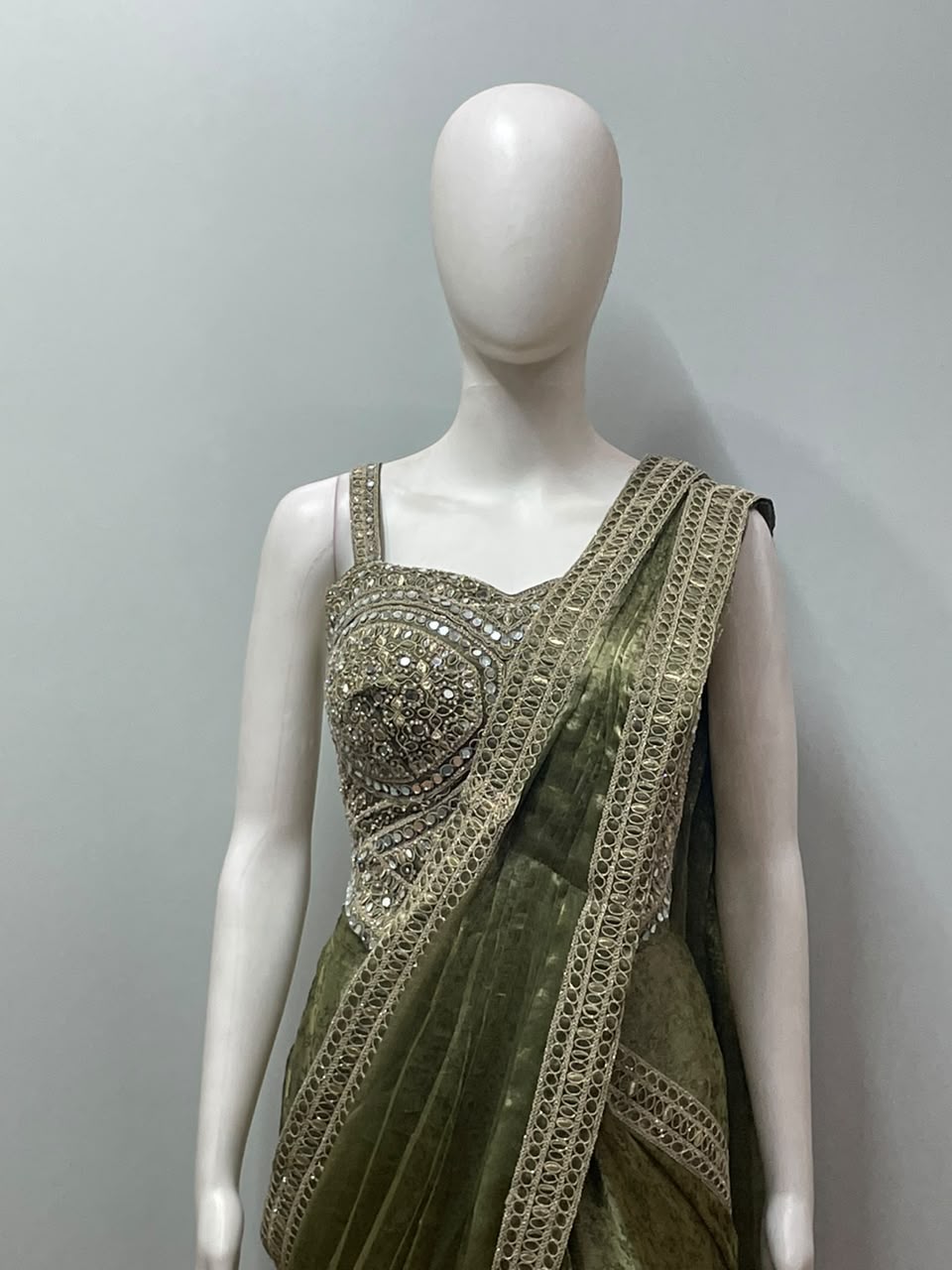 Olive Gold Embroidered Saree Set