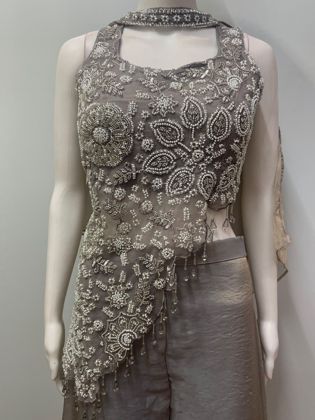Smoky Taupe Silver Floral Palazzo Set