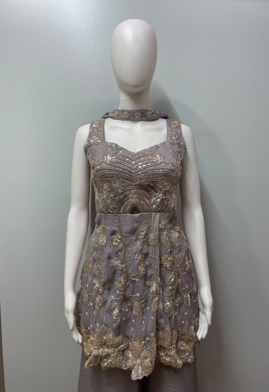 Smoky Taupe Gold Embroidered Peplum Palazzo Ensemble