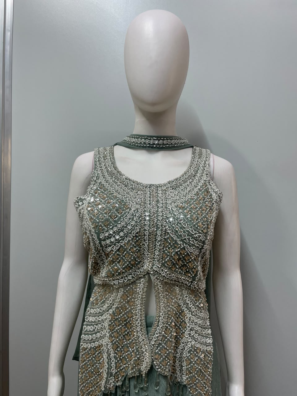 Sage Silver Embellished Draped Palazzo Set