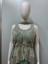 Sage Silver Embellished Draped Palazzo Set