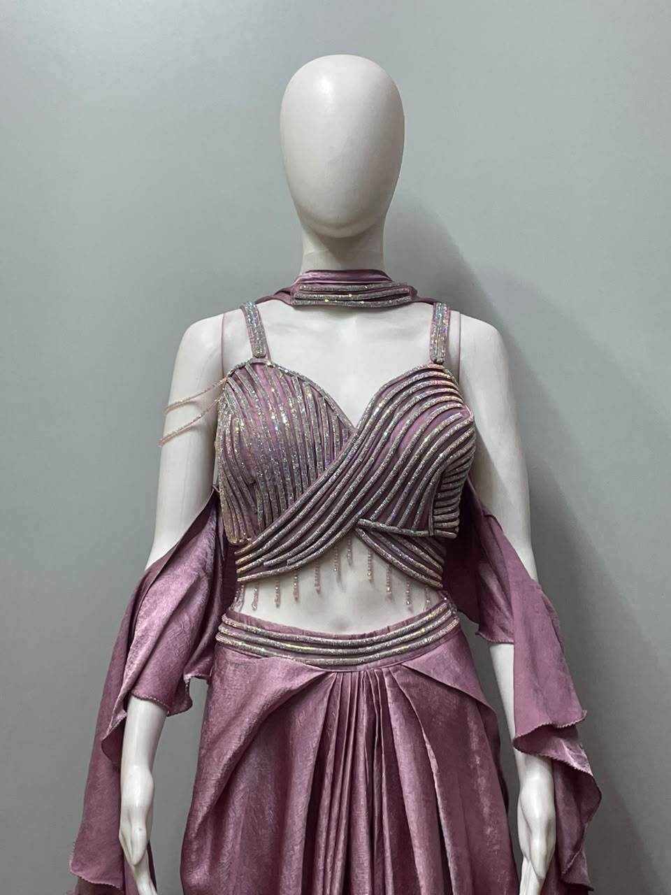 Dusty Mauve Sculpted Ruffle Draped Saree Set