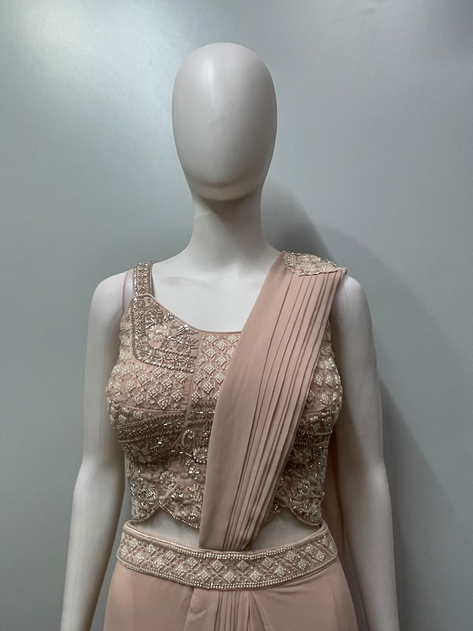 Dusty Peach Pearl Draped Saree Set