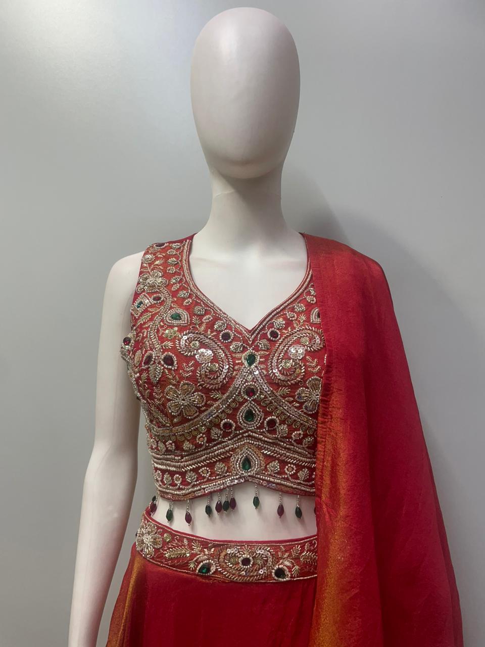 Rust Red Antique Gold Jewel Lehenga Set, full-length view