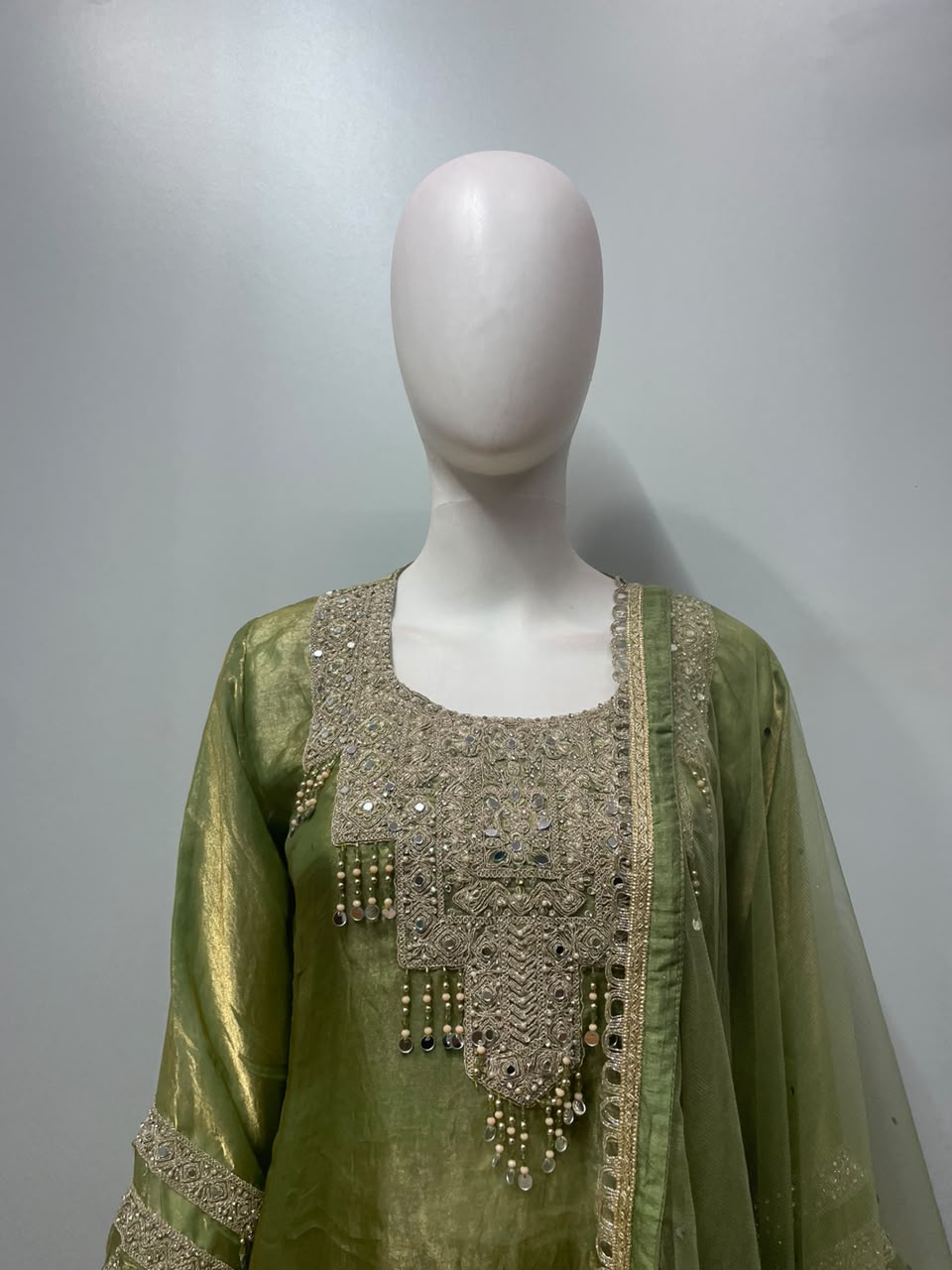 Olive Gold Pearl Embellished Festive Ensemble - detail view