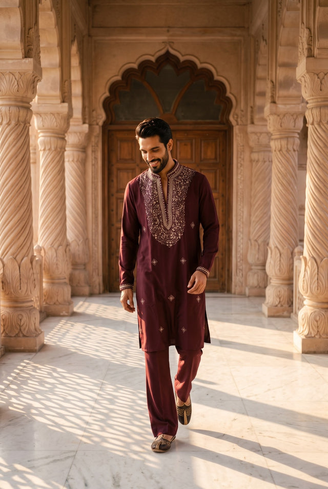 Deep burgundy men's kurta with a champagne gold beaded mandarin neckline