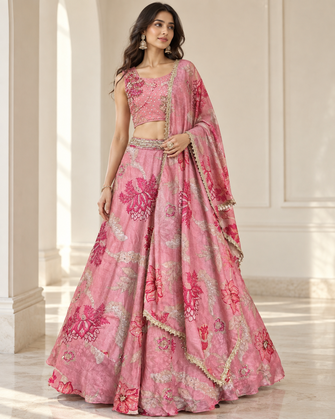 Rose Pink Floral Jewel Lehenga Set