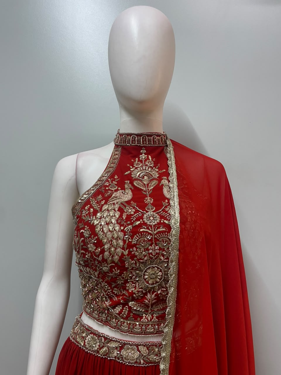 Scarlet Red Gold Zari Lehenga Set