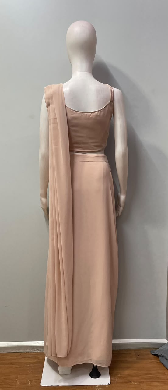 Champagne Blush Silver Crystal Embroidered Draped Saree Set