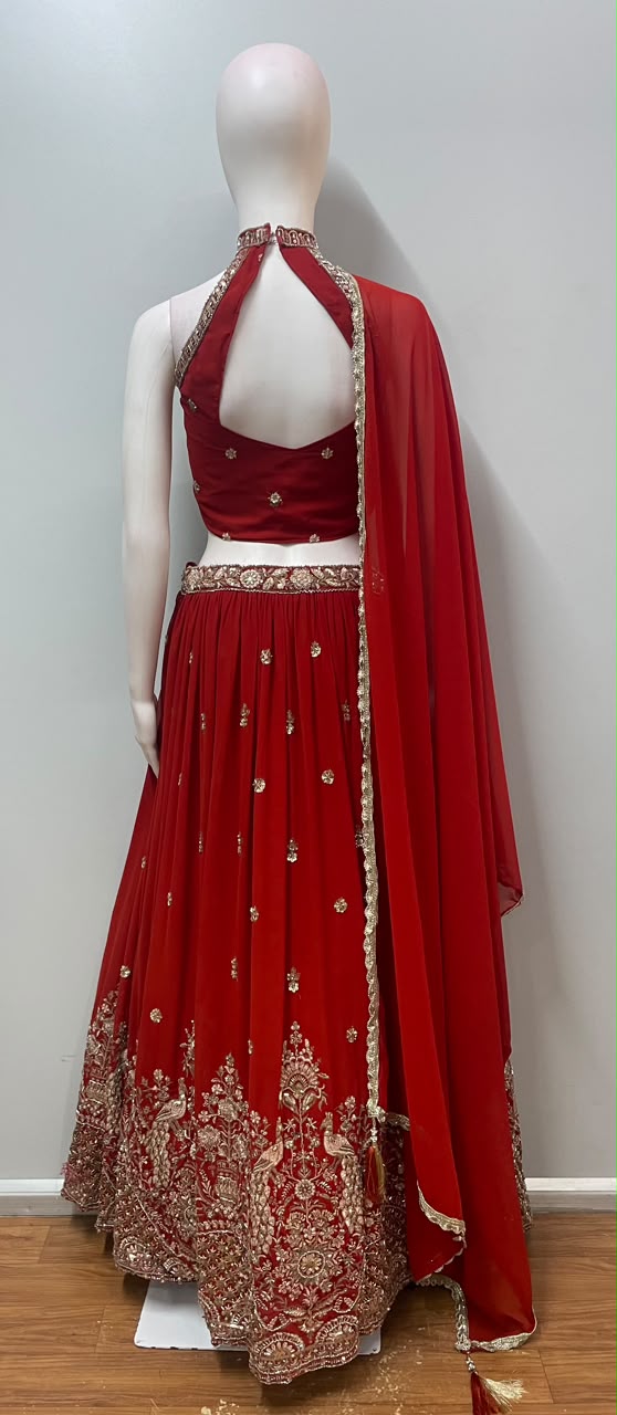 Scarlet Red Gold Zari Lehenga Set