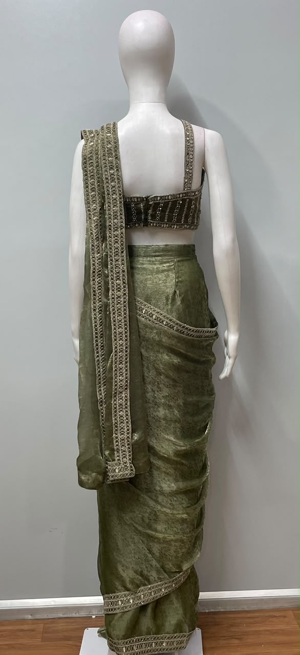 Olive Gold Embroidered Saree Set