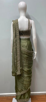 Olive Gold Embroidered Saree Set