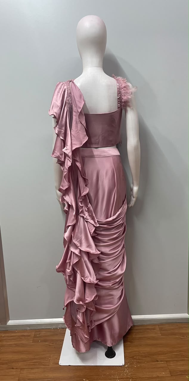 Dusty Rose Crystal Draped Saree Couture Set