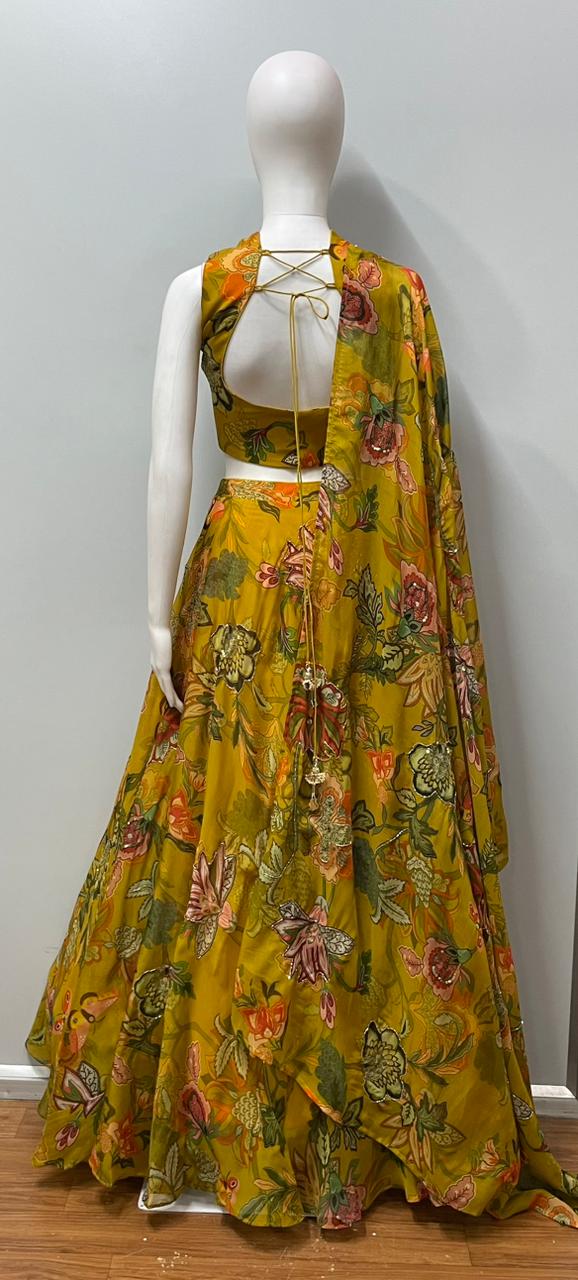 Mustard Floral Mirror Lehenga Set