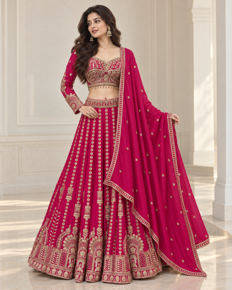Fuchsia pink lehenga set with antique gold jewel embroidery and matching dupatta
