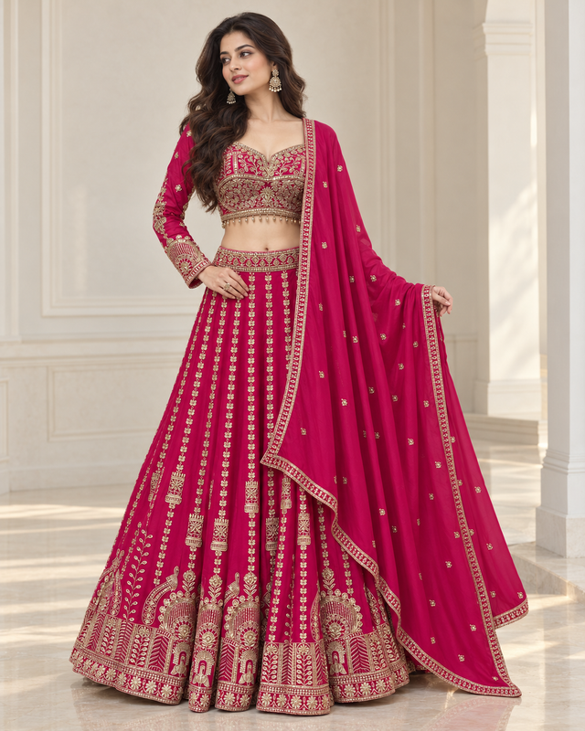 Fuchsia pink lehenga set with antique gold jewel embroidery and matching dupatta