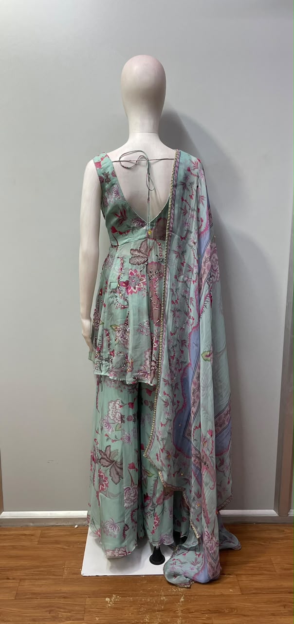 Mint Green Floral Beaded Kurta Palazzo Set