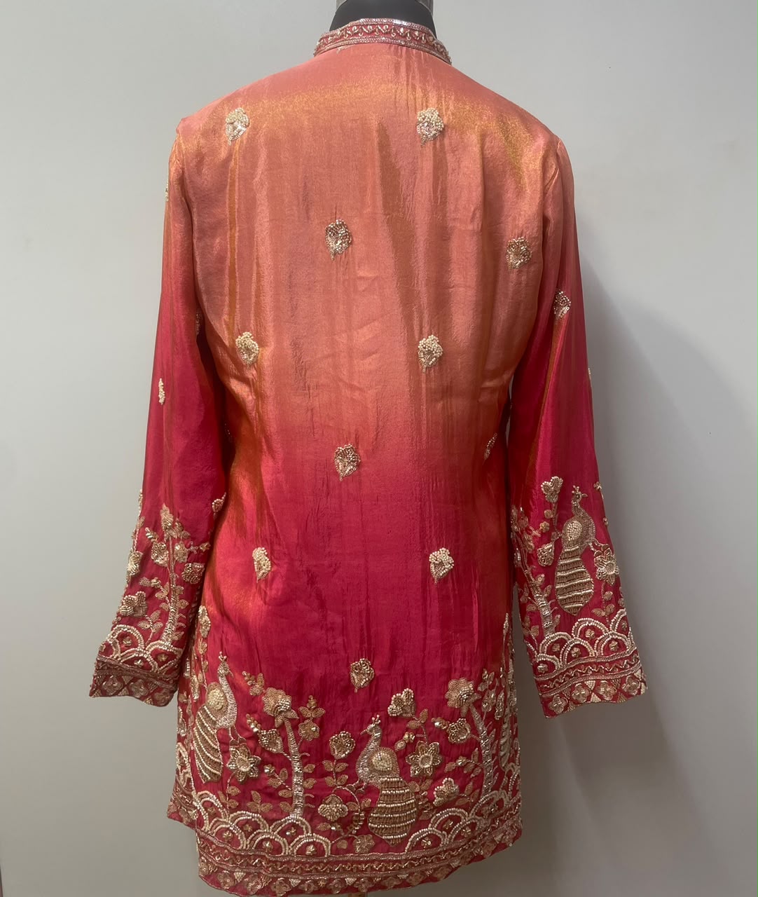 Coral crimson ombre kurta with matching trousers, full view