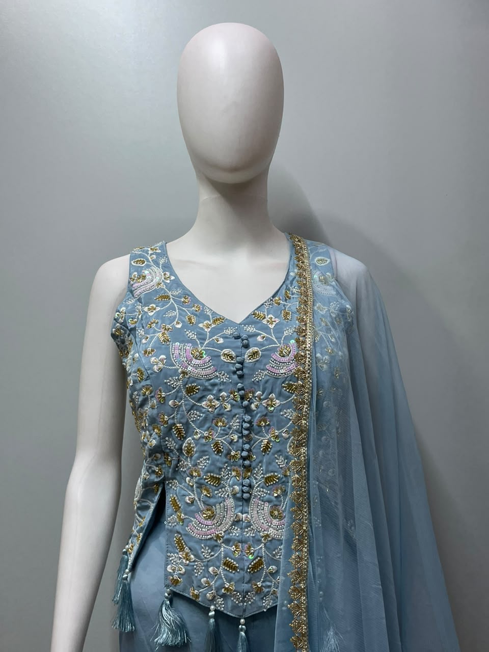 Powder Blue Gold Floral Embroidered Palazzo Ensemble
