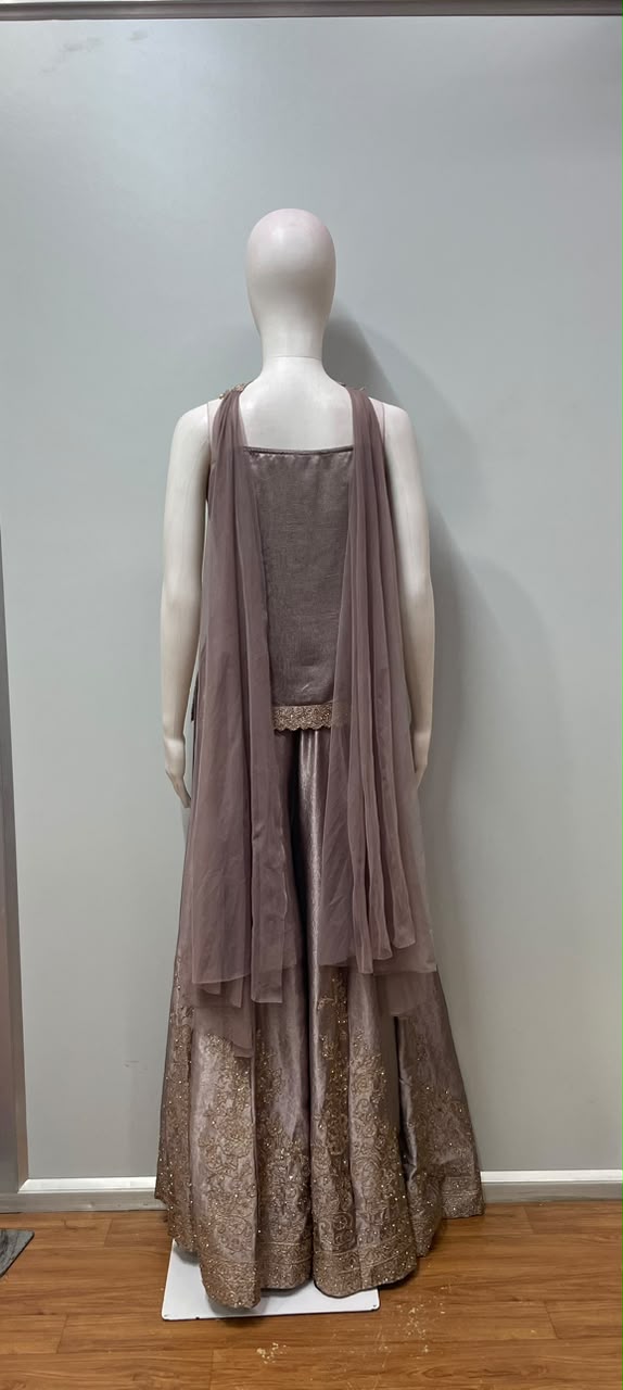Mauve gold embroidered palazzo set styled for a festive occasion