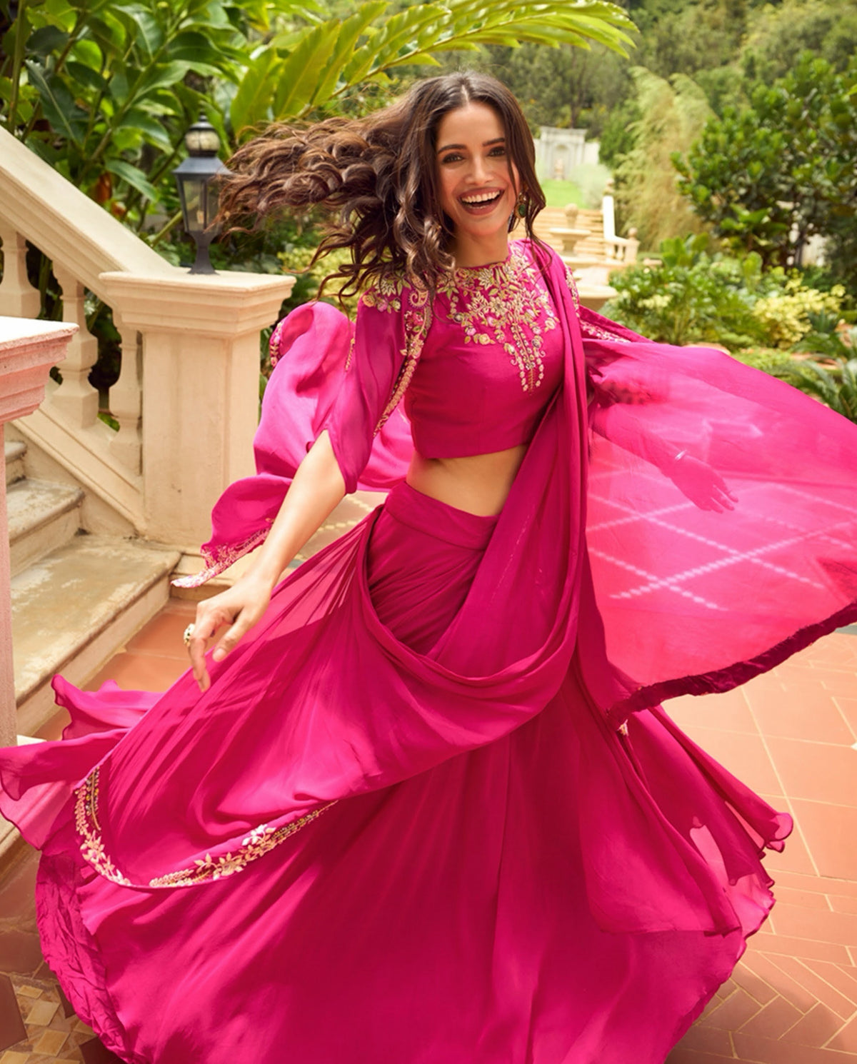 Fuchsia Gold Floral Cape Draped Skirt Set