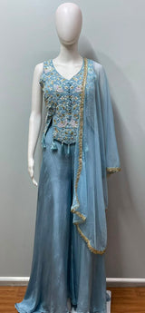 Powder Blue Gold Floral Embroidered Palazzo Ensemble