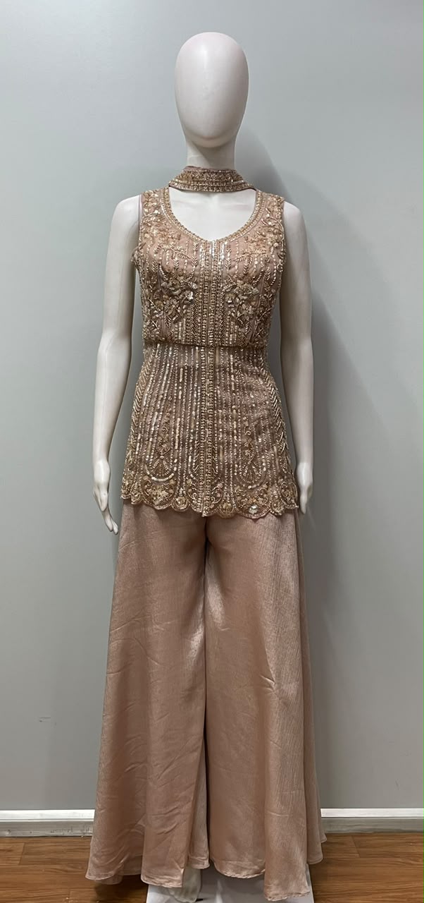 Champagne Blush Gold Embroidered Palazzo Ensemble