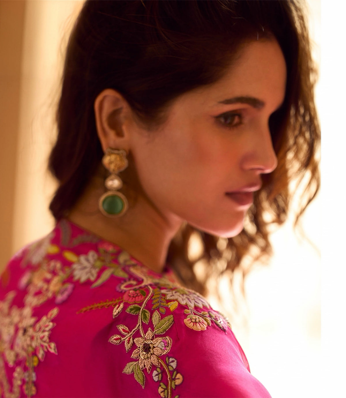 Fuchsia Gold Floral Cape Draped Skirt Set