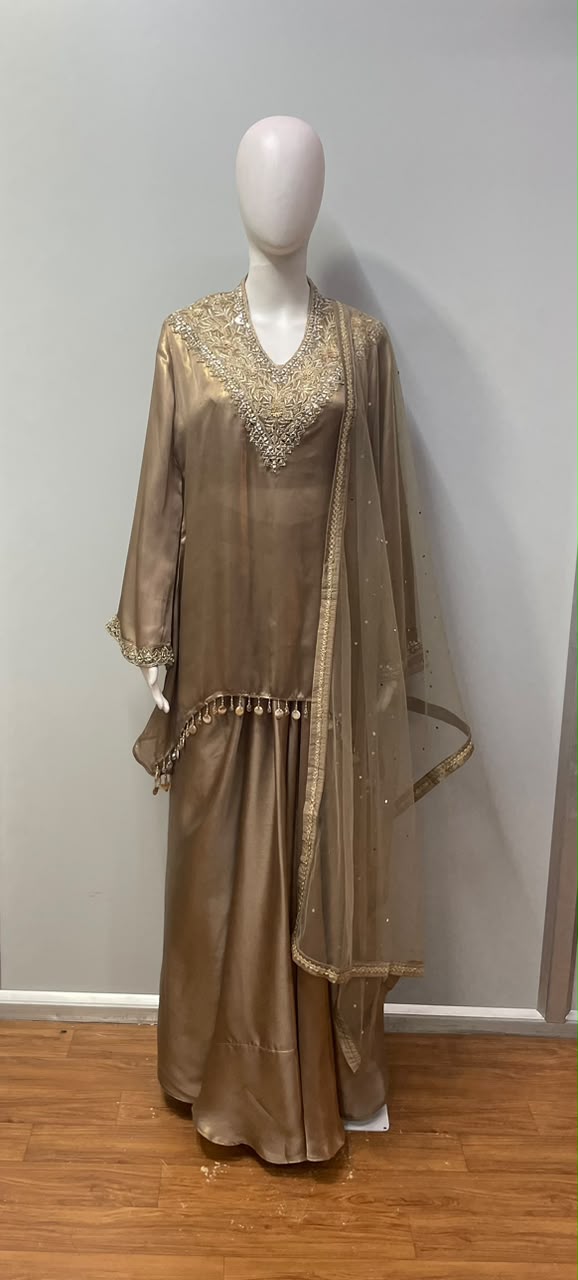 Antique Taupe Gold Embroidered Palazzo Ensemble