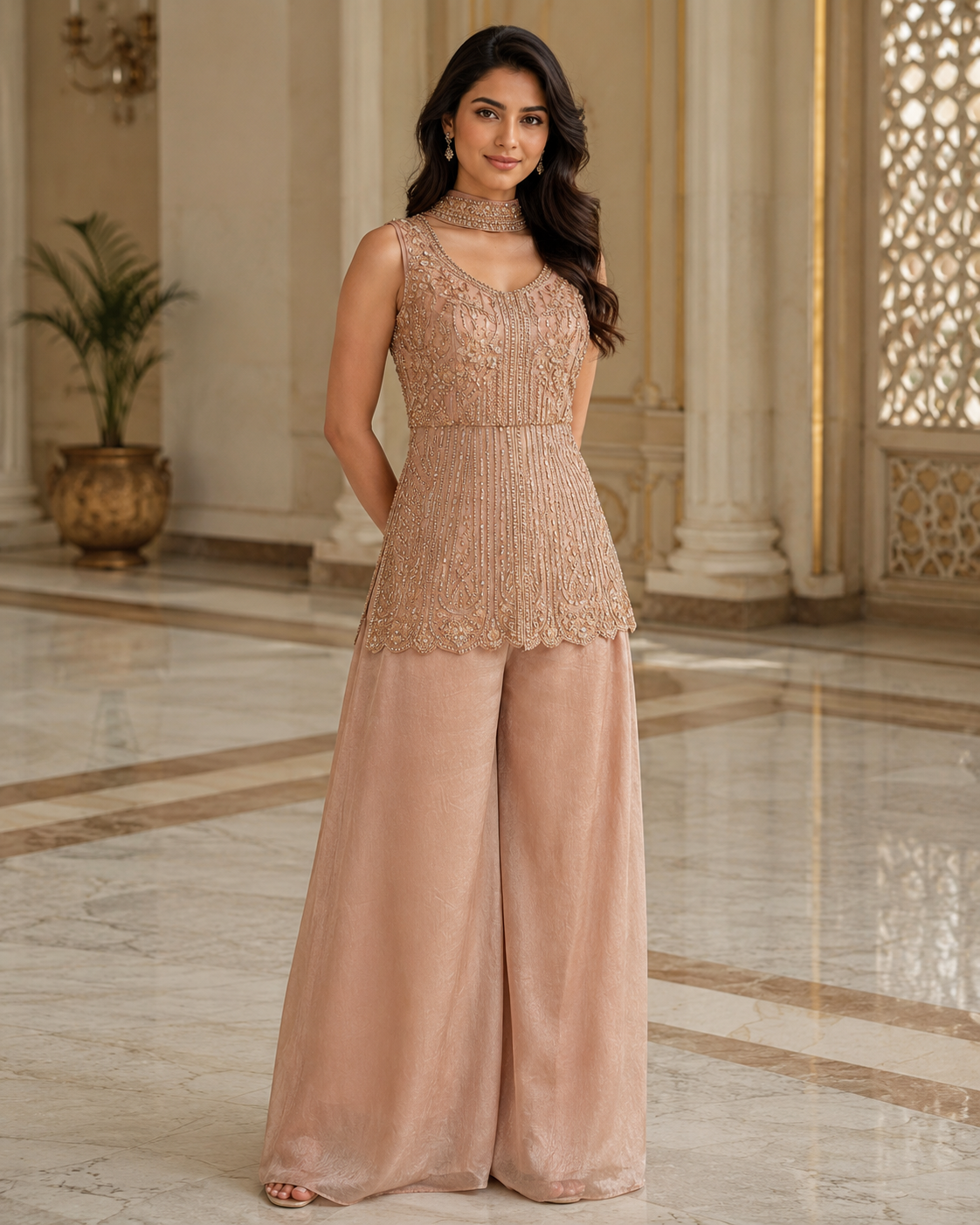 Champagne Blush Gold Embroidered Palazzo Ensemble