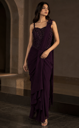 Deep Plum Embellished Corset Draped Saree Set