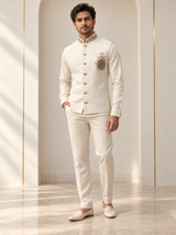 Pearl Ivory Antique Gold Floral Crest Bandhgala Jacket