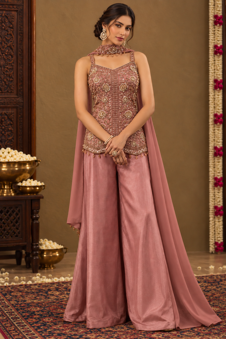 Dusty rose palazzo set with antique gold floral work and a matching sheer drape