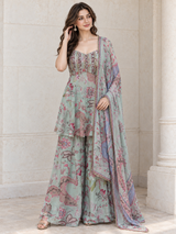 Mint Green Floral Beaded Kurta Palazzo Set
