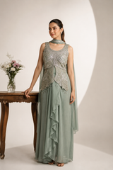 Sage Silver Embellished Draped Palazzo Set