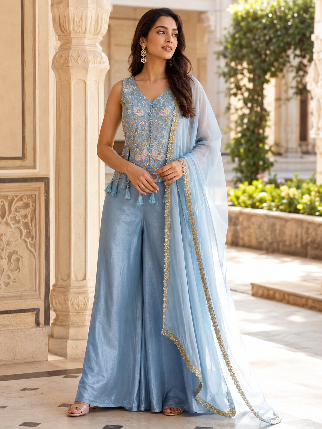 Powder Blue Gold Floral Embroidered Palazzo Ensemble