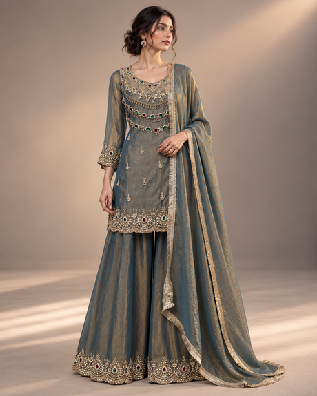 Smoky teal palazzo set with gold jewel detailing, front view