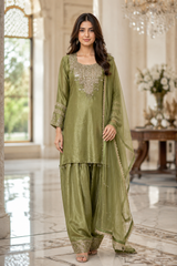 Olive Gold Pearl Embellished Festive Ensemble